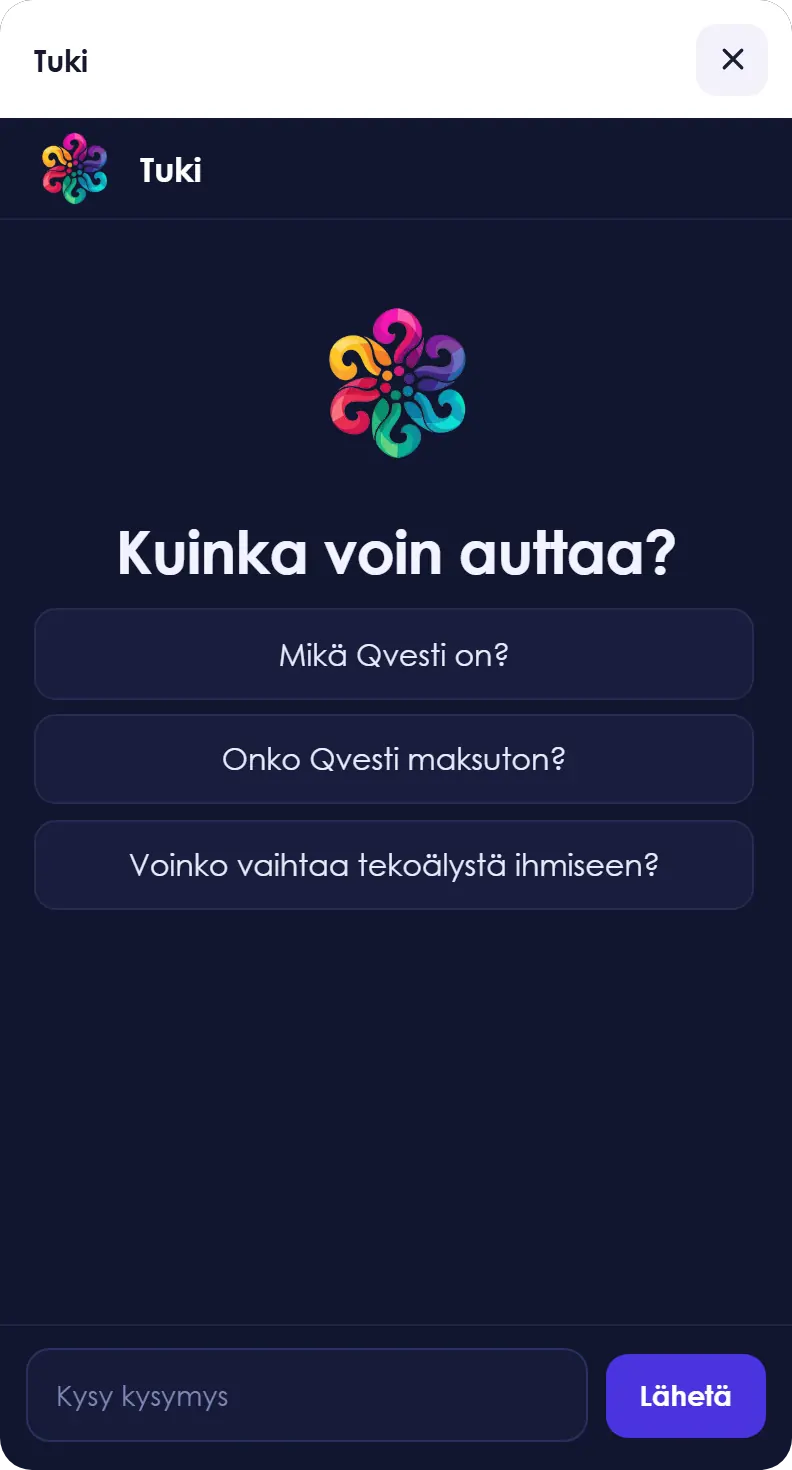 Qvestin tukiwidget kysyy miten voi auttaa, mukana kolme aloituskysymystä ja viestikenttä