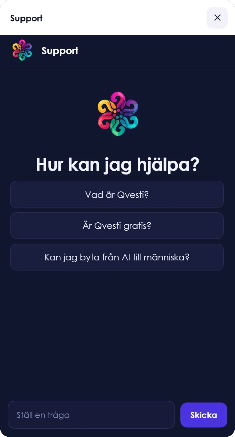 Qvestis supportwidget frågar hur den kan hjälpa till, med tre startfrågor och ett meddelandefält