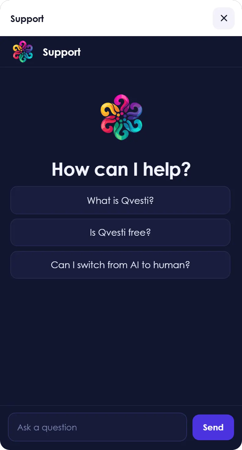 The Qvesti support widget asking how it can help, with three starter questions and a message composer